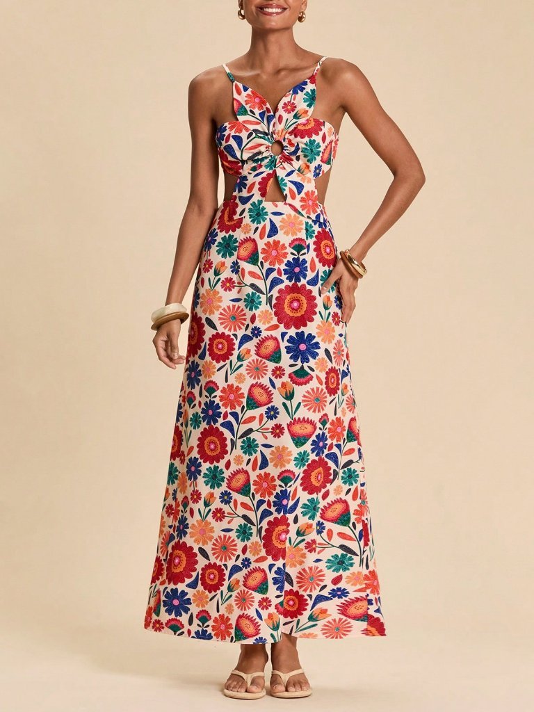 Multicolor Boho Women's Vacation Floral Backless Spaghetti Strap Dress